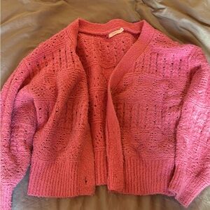 Lush Open Front Eyelet Knit Cardigan in Rose Pink
